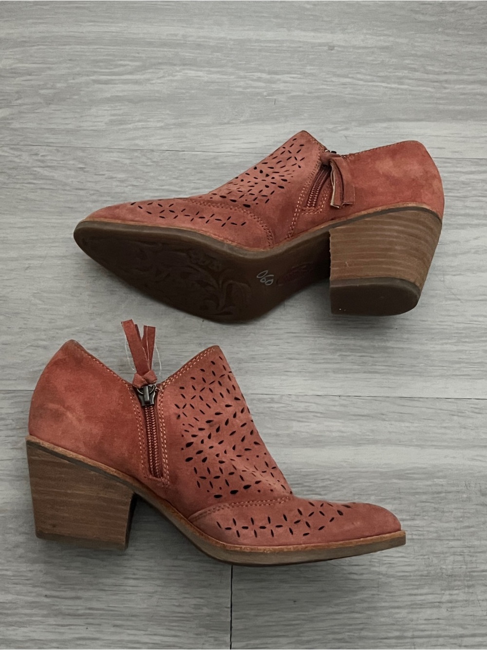 Women's Rust Suede Perforated Ankle Booties with Block Heel
